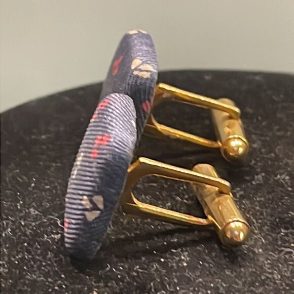 1” gold tone cuff links w/blue Damask fabric red white Fleur de Lis bullet back - Picture 7 of 11